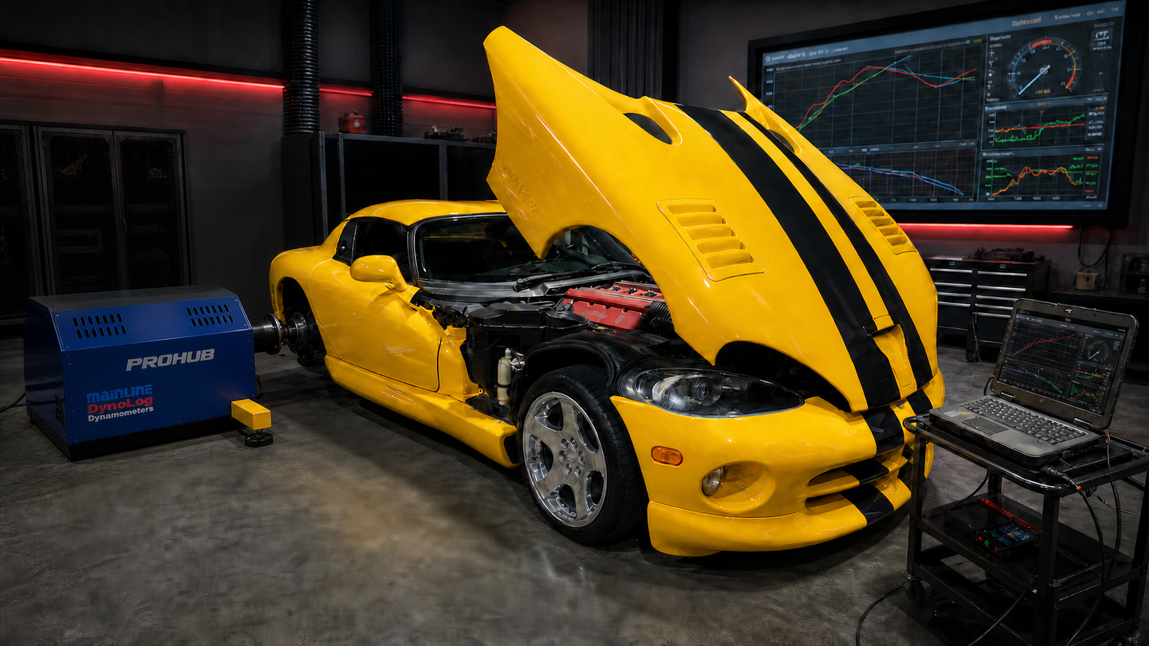 Yellow Viper connected to Mainline-style ProHub dyno pods with a diagnostic laptop and live data screen
